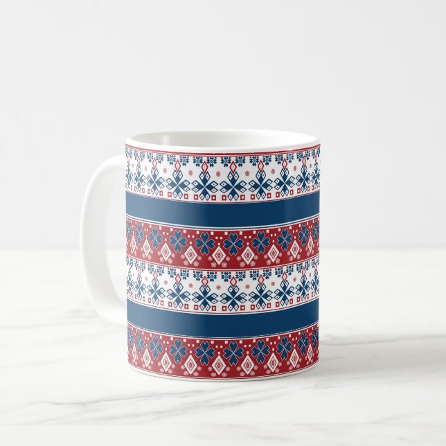 Red Blue Striped Norwegian Pattern  Coffee Mug (Front Left)