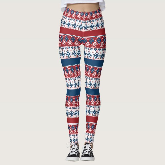 Red Blue Striped Norwegian Pattern  Leggings (Front)