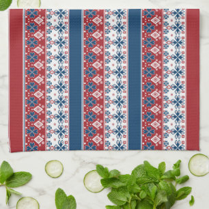 Red Blue Striped Norwegian Pattern  Tea Towel