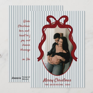 Red Blue Stripes & Bow Frame Christmas Photo Holiday Card