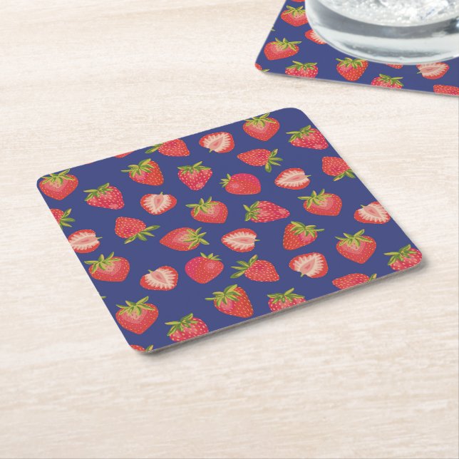 Red & Blue Summer Strawberry Fruit Paper Coaster (Angled)