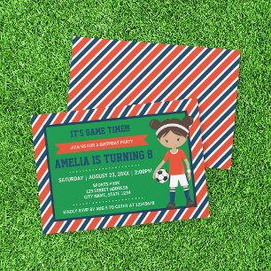 Red Blue Tan Girl Soccer Birthday Invitation