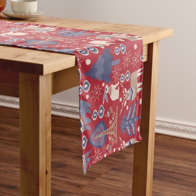 Red Blue Tan Scandinavian Christmas Pattern Short Table Runner (In Situ)