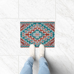Red Blue Teal Native American Indians Navajo Doormat