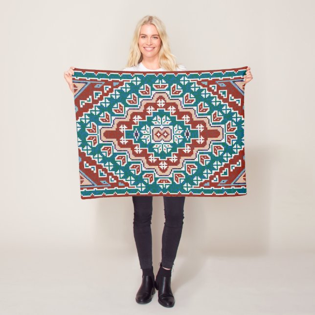 Red Blue Teal Native American Indians Navajo Fleece Blanket (In Situ)