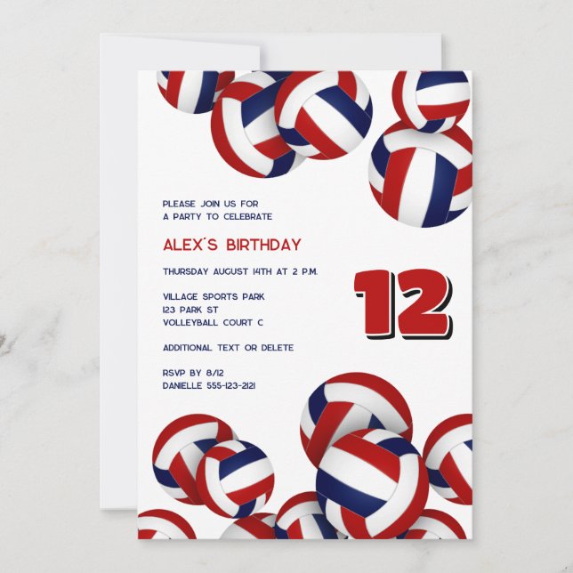 red blue team colours volleyballs kids birthday invitation (Front)