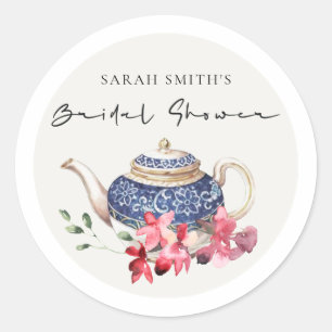 Red Blue Teapot Floral Bridal Shower Tea Party Classic Round Sticker