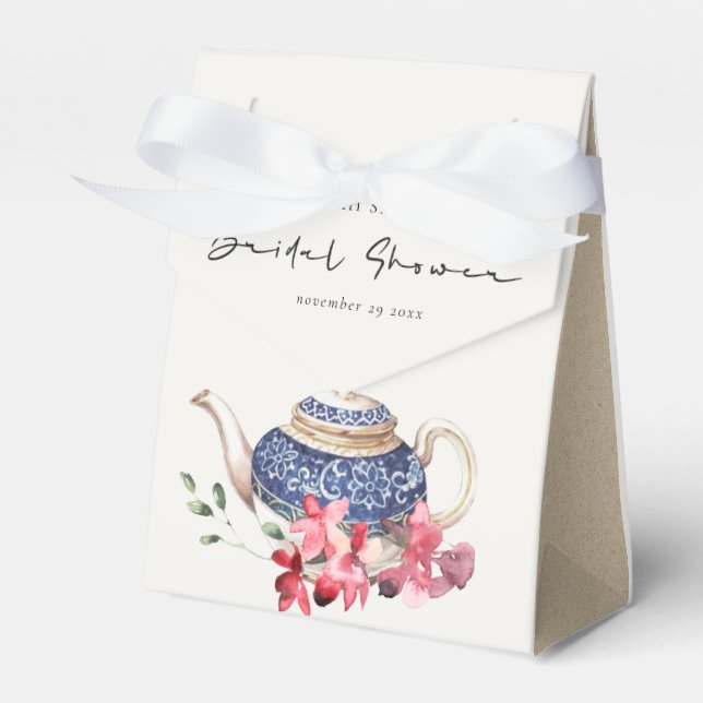 Red Blue Teapot Floral Bridal Shower Tea Party Favour Box (Front Side)