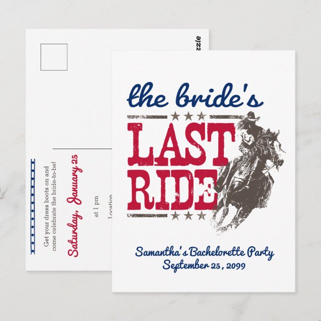 Red & Blue The Bride's Last Ride Invitation Postcard (Front/Back)