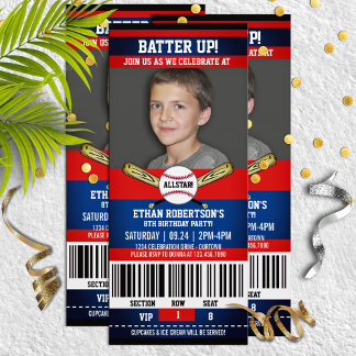 Red|Blue Ticket Style Baseball Birthday Party Invitation