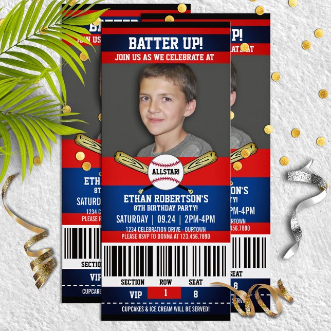 Red|Blue Ticket Style Baseball Birthday Party Invitation (Creator Uploaded)