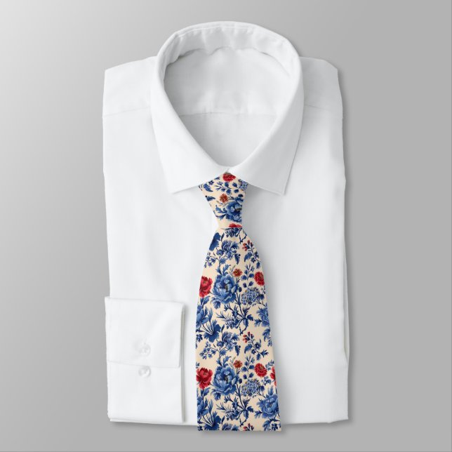 Red Blue Toile Chinoiserie Watercolor Floral Groom Tie (Tied)