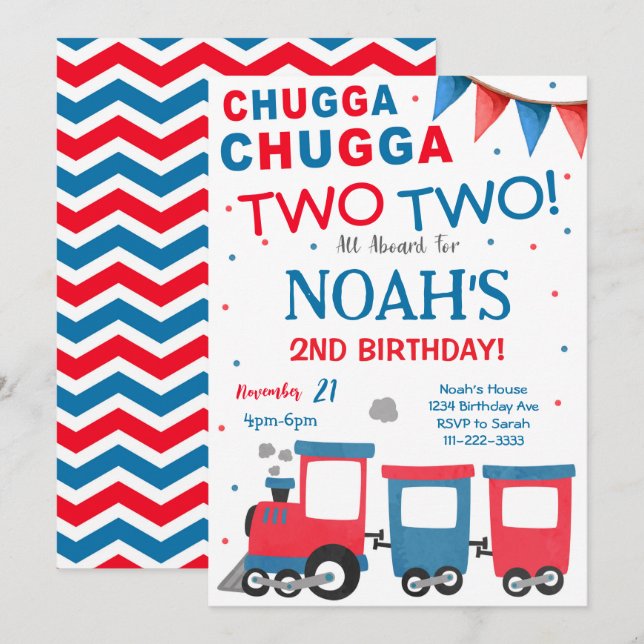Red Blue Train 2nd Birthday Invitation (Front/Back)