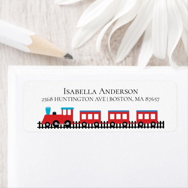 Red & Blue Train Baby Shower Address Label (Insitu)