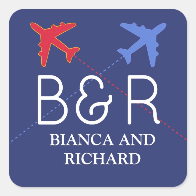 red blue travel aeroplanes with names, monogrammed square sticker (Front)