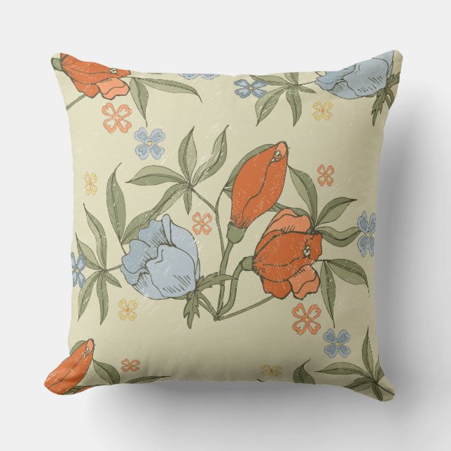 Red & Blue Tulips on Beige Throw Pillow (Front)