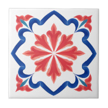 Red & Blue Turkish Iznik Floral Tile Art