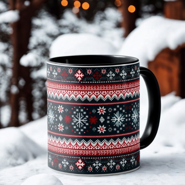 Red Blue Ugly Sweater Snowflakes Holiday Mug (Creator Uploaded)