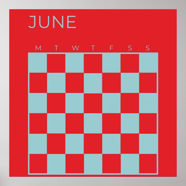 Red Blue Undated Chequered June Monthly Calendar Poster (Front)