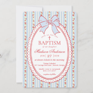 Red & Blue Vintage Fancy Floral Baptism Invitation