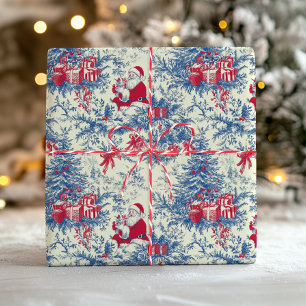 Red Blue Vintage Santa Toile Christmas Tree Wrapping Paper