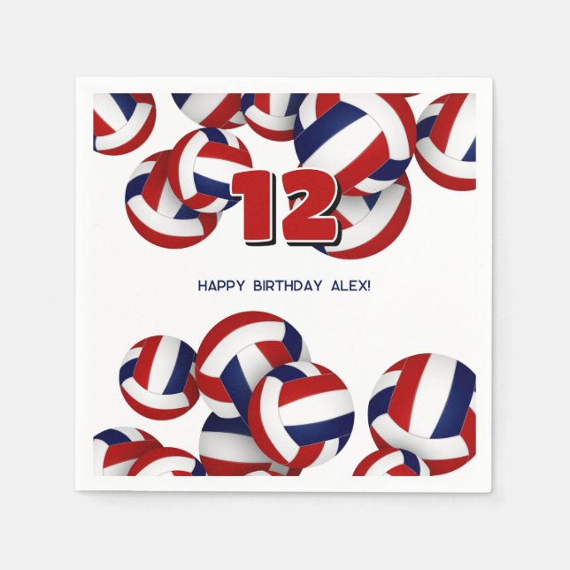 red blue volleyballs boys girls birthday party napkin (Front)