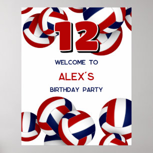 red blue volleyballs kids birthday party welcome poster