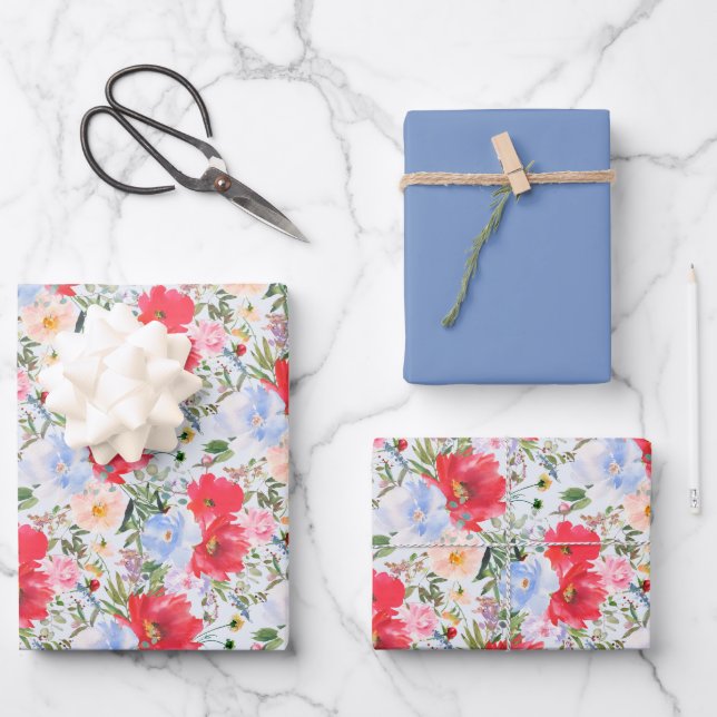 Red Blue Watercolor Florals  Wrapping Paper Sheet (Front)