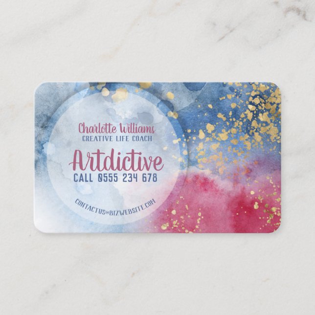 Red Blue Watercolor Gold Splatters Artist Creative Business Card (Front)