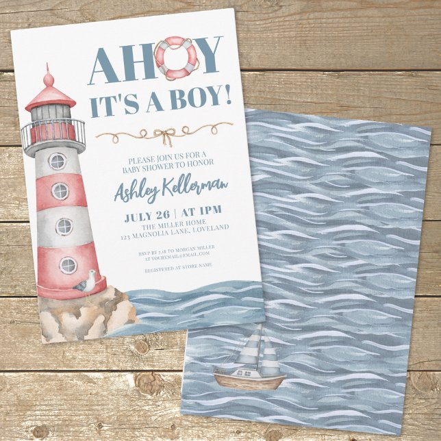 Red Blue Watercolor Nautical Boy Baby Shower Invitation (AHOY It's A Boy Baby Shower Invitation)
