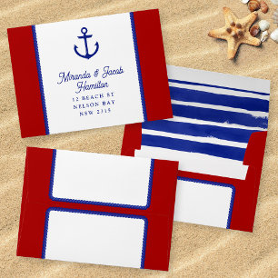 Red Blue Watercolor Rope RSVP Seaside Wedding Envelope