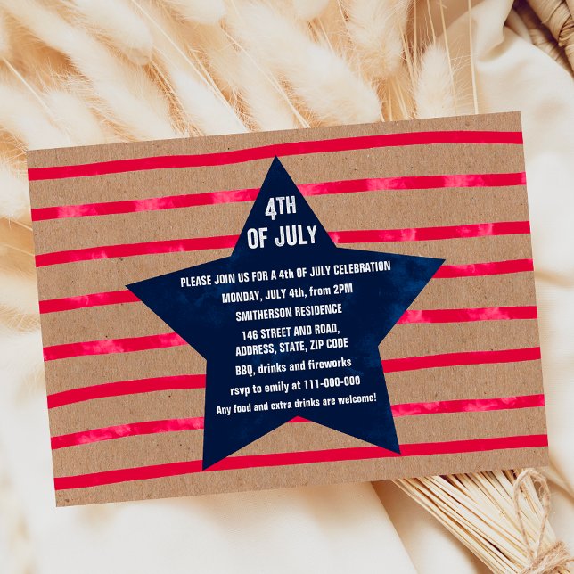 Red blue watercolor star stripes 4th July  kraft Invitation (Red blue watercolor star stripes 4th July kraft Invitation)
