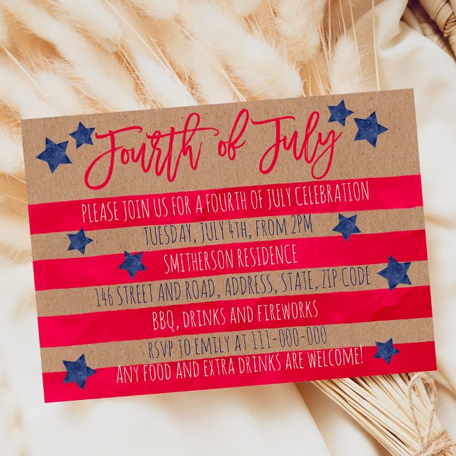 Red blue watercolor stripes kraft 4th of July Invitation (Red blue watercolor stripes kraft 4th of July Invitation)