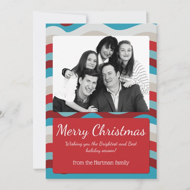 Red & Blue Wavy Christmas Flat Holiday Photo Card (Front)