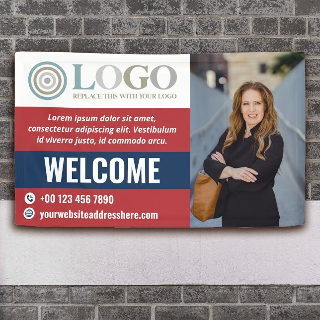Red Blue Welcome Small Business Photo Logo Banner (Creator Uploaded)