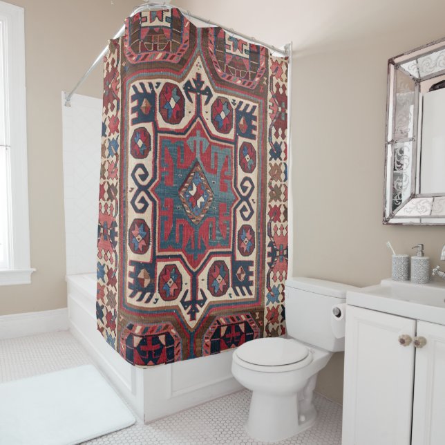 Red Blue Western Santa Fe Cowboy Ornate  Shower Curtain (In Situ)