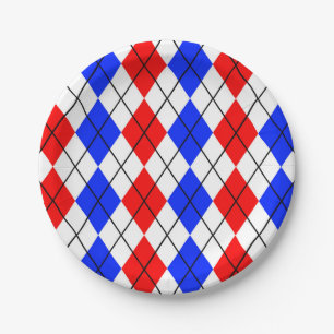 Red Blue White Argyle Plaid Design  Paper Plate