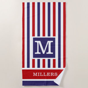  Red Blue White Cabana Stripe Family Name Monogram Beach Towel