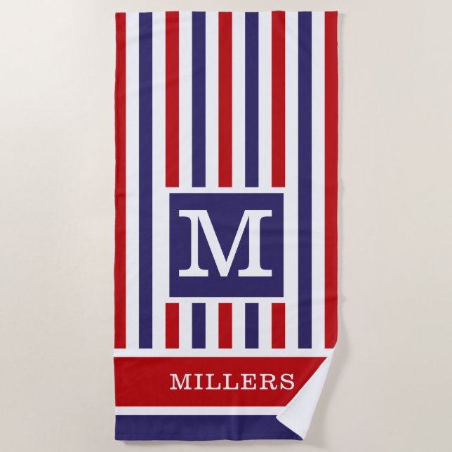  Red Blue White Cabana Stripe Family Name Monogram Beach Towel (Front)