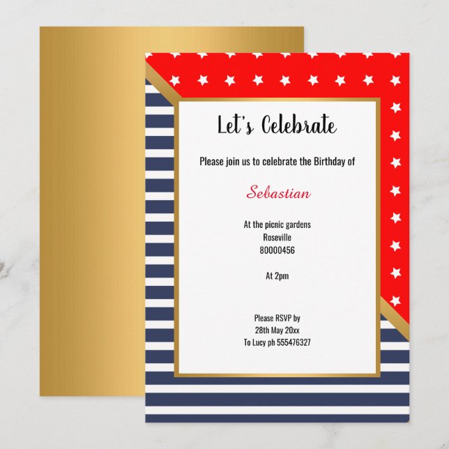 RED BLUE WHITE GOLD STARS & STRIPES BIRTHDAY INVITATION (Front/Back)