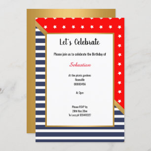 RED BLUE WHITE GOLD STARS & STRIPES BIRTHDAY INVITATION