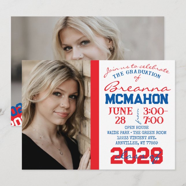 Red, Blue & White Graduation 2 Photo Invitation (Front/Back)