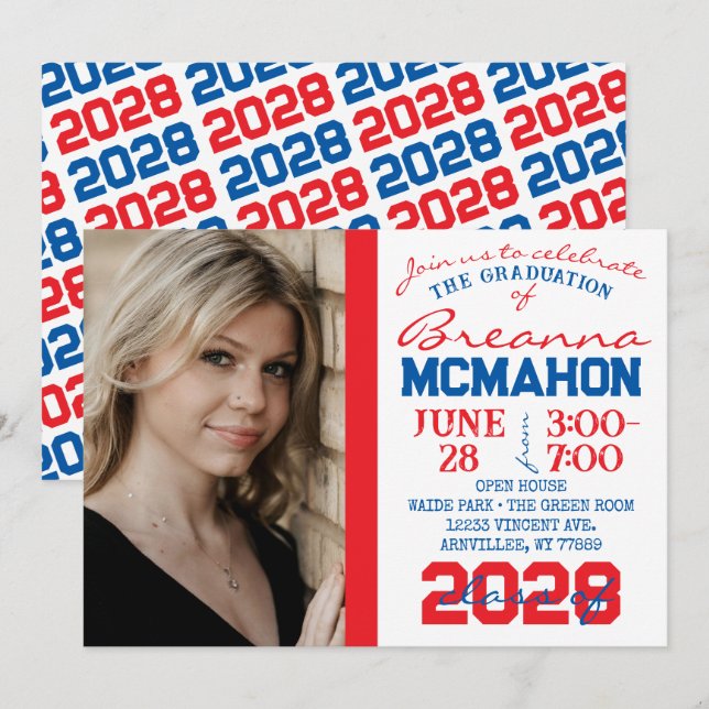 Red, Blue & White Graduation Photo Invitation (Front/Back)