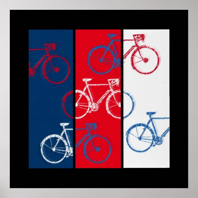 red, blue & white graphic & cool bicycles poster (Front)
