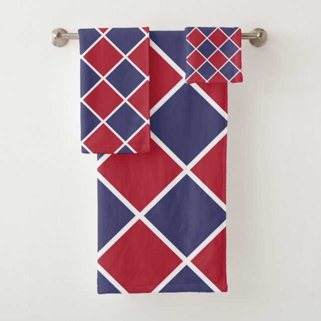 Red Blue White Harlequin Diamond Checker Pattern Bath Towel Set (Insitu)