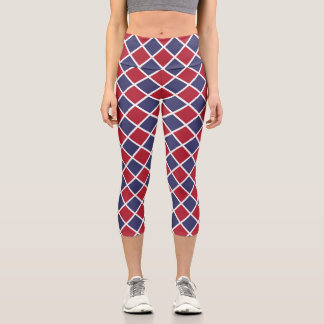 Red Blue White Harlequin Diamond Checker Pattern Capri Leggings