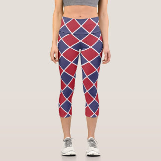 Red Blue White Harlequin Diamond Checker Pattern Capri Leggings