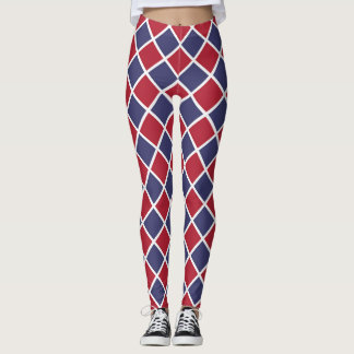 Red Blue White Harlequin Diamond Checker Pattern Leggings