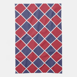 Red Blue White Harlequin Diamond Checker Pattern Tea Towel