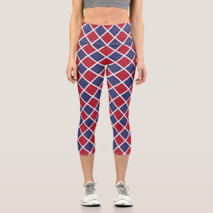 Red Blue White Harlequin Diamond Chequered Pattern Capri Leggings
